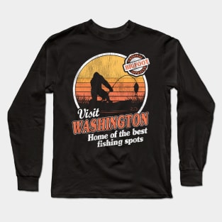 Funny Bigfoot Sasquatch Fishing Gift Vintage Visit Washington Long Sleeve T-Shirt